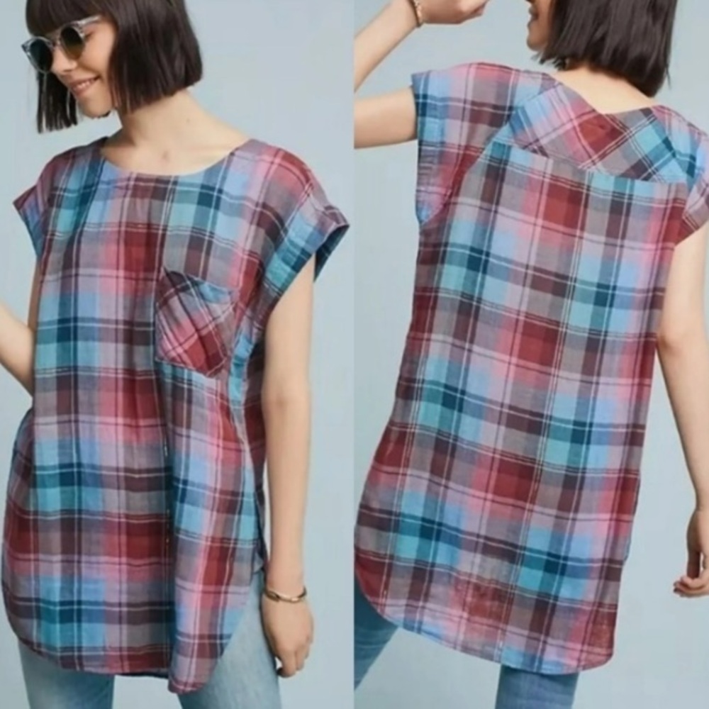 AKIMI + KIM | Anthropologie Gauzy Plaid Cap Sleeve Tunic Blue Red Metallic Boho